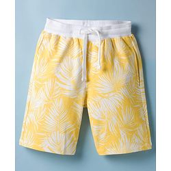 Pine Kids Looper Knit Above Knee Length Shorts with Leaf Print - Light Yellow
