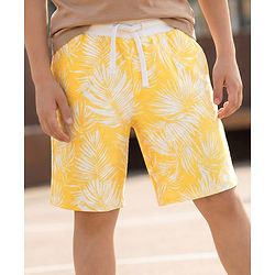 Pine Kids Looper Knit Above Knee Length Shorts with Leaf Print - Light Yellow
