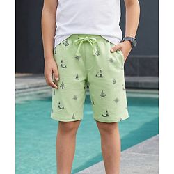Pine Kids Looper Knit Above Knee Length Shorts with Nautical Theme Print - Light Green