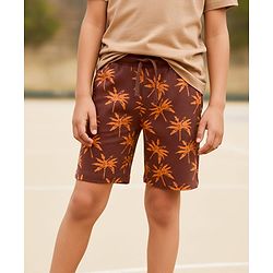 Pine Kids Looper Knit Above Knee Length Tree Printed Shorts - Dark Brown