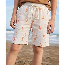 Pine Kids Looper Knit Above Knee Length Shorts with Coconut Tree Print - Lemon