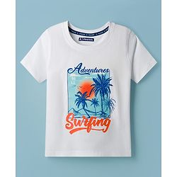 Pine Kids Cotton Knit Half Sleeves T-Shirt with Surfing Print - White