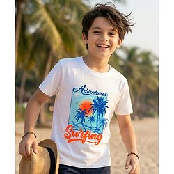 Pine Kids Cotton Knit Half Sleeves T-Shirt with Surfing Print - White
