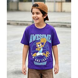 Pine Kids 100% Cotton Knit Half Sleeves Tiger Printed T-Shirt - Purple