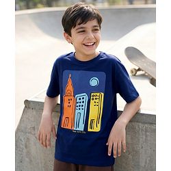 Pine Kids Cotton Knit Half Sleeves T-Shirt With NYC Print - Navy Blue