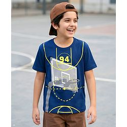 Pine Kids Cotton Knit Half Sleeves T-Shirt With Basketball Print - Navy Blue