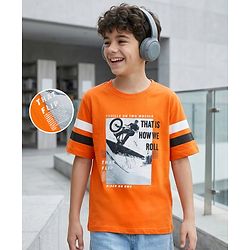 Pine Kids Cotton Knit Half Sleeves T-Shirt With BMX Print - Rust Orange