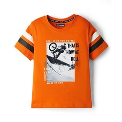 Pine Kids Cotton Knit Half Sleeves T-Shirt With BMX Print - Rust Orange