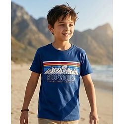 Pine Kids Cotton Knit Half Sleeves T-Shirt with Adventure Print - Navy Blue