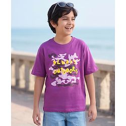 Pine Kids Cotton Knit Half Sleeves T-Shirt With Text Print - Purple