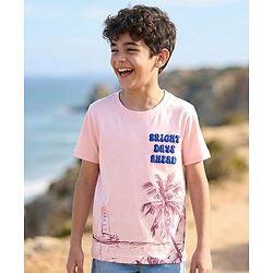 Pine Kids Cotton Knit Half Sleeves T-Shirt With Beach Print - Pink