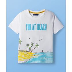 Pine Kids Cotton Knit Half Sleeves T-Shirt with Beach Theme Print - White