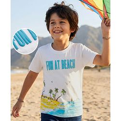 Pine Kids Cotton Knit Half Sleeves T-Shirt with Beach Theme Print - White
