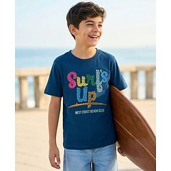 Pine Kids Cotton Knit Half Sleeves T-Shirt With Text Print - Navy Blue