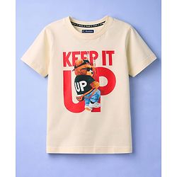 Pine Kids Cotton Knit Half Sleeves T-Shirt with Bear Print - Off White
