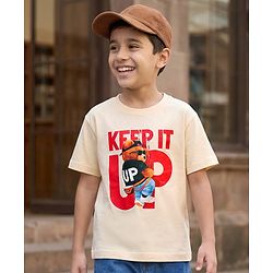 Pine Kids Cotton Knit Half Sleeves T-Shirt with Bear Print - Off White