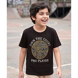 Pine Kids Cotton Knit Half Sleeves T-Shirt with Sport Print - Black