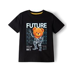 Pine Kids Cotton Knit Half Sleeves T-Shirt With Teddy Robot Print - Black