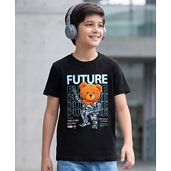 Pine Kids Cotton Knit Half Sleeves T-Shirt With Teddy Robot Print - Black