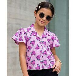 Pine Kids Cotton Knit Half Sleeves Top with Floral Print - Lilac