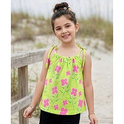 Pine Kids Cotton Knit Sleeveless Floral Printed Top - Light Green