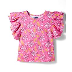 Pine Kids Cotton Knit Flutter Sleeves Floral Printed Top - Pink