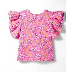 Pine Kids Cotton Knit Flutter Sleeves Floral Printed Top - Pink