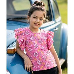 Pine Kids Cotton Knit Flutter Sleeves Floral Printed Top - Pink