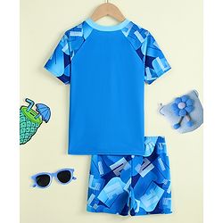 Pine Kids Half Raglan Sleeves Abstract Printed Two Piece Swimsuit - Blue