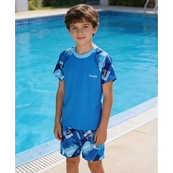 Pine Kids Half Raglan Sleeves Abstract Printed Two Piece Swimsuit - Blue