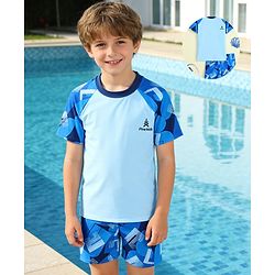 Pine Kids Half Raglan Sleeves Abstract Printed Two Piece Swimsuit - Blue
