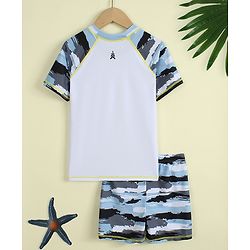 Pine Kids Half Raglan Sleeves Striped Two Piece Swimsuit - White