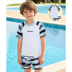 Pine Kids Half Raglan Sleeves Striped Two Piece Swimsuit - White