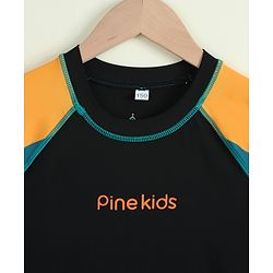 Pine Kids Half Raglan Sleeves Colour Block Two Piece Swimsuit with Text Print - Black