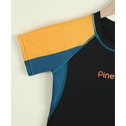 Pine Kids Half Raglan Sleeves Colour Block Two Piece Swimsuit with Text Print - Black