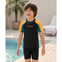 Pine Kids Half Raglan Sleeves Colour Block Two Piece Swimsuit with Text Print - Black