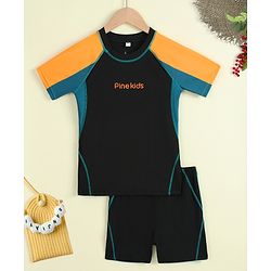 Pine Kids Half Raglan Sleeves Colour Block Two Piece Swimsuit with Text Print - Black