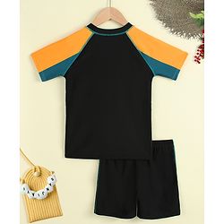 Pine Kids Half Raglan Sleeves Colour Block Two Piece Swimsuit with Text Print - Black