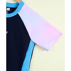Pine Kids Half Raglan Sleeves Colour Block Two Piece Swimsuit with Text Print- Navy Blue