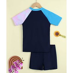Pine Kids Half Raglan Sleeves Colour Block Two Piece Swimsuit with Text Print- Navy Blue