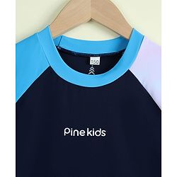 Pine Kids Half Raglan Sleeves Colour Block Two Piece Swimsuit with Text Print- Navy Blue