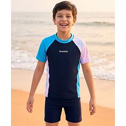 Pine Kids Half Raglan Sleeves Colour Block Two Piece Swimsuit with Text Print- Navy Blue