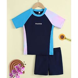 Pine Kids Half Raglan Sleeves Colour Block Two Piece Swimsuit with Text Print- Navy Blue