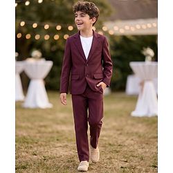 Pine Kids Knit Full Sleeves Solid Colour Party Blazer with T-Shirt & Trouser Set - Wine