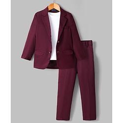 Pine Kids Knit Full Sleeves Solid Colour Party Blazer with T-Shirt & Trouser Set - Wine