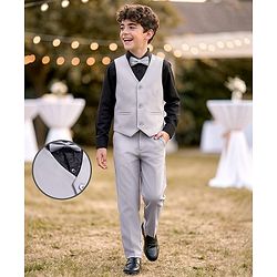 Pine Kids Knit Full Sleeves Solid Color 3 Piece Party Suit with Bow - Light Grey