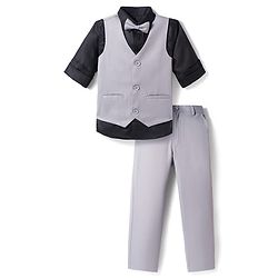 Pine Kids Knit Full Sleeves Solid Color 3 Piece Party Suit with Bow - Light Grey