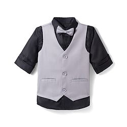 Pine Kids Knit Full Sleeves Solid Color 3 Piece Party Suit with Bow - Light Grey