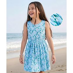Pine Kids Cotton Knit Sleeveless Fit & Flared Frock with Floral Print- Light Blue