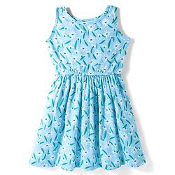 Pine Kids Cotton Knit Sleeveless Fit & Flared Frock with Floral Print- Light Blue